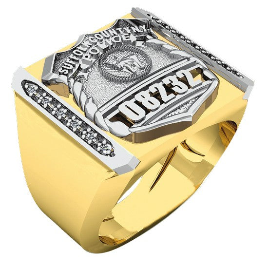 Mens Suffolk County PD PO Shield Ring Framed Side Diamonds