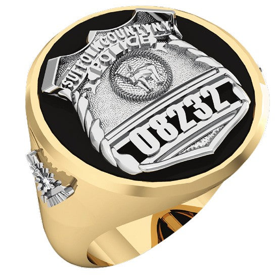 Mens Suffolk County PD PO Black ONYX Oval Ring Diamond Accents