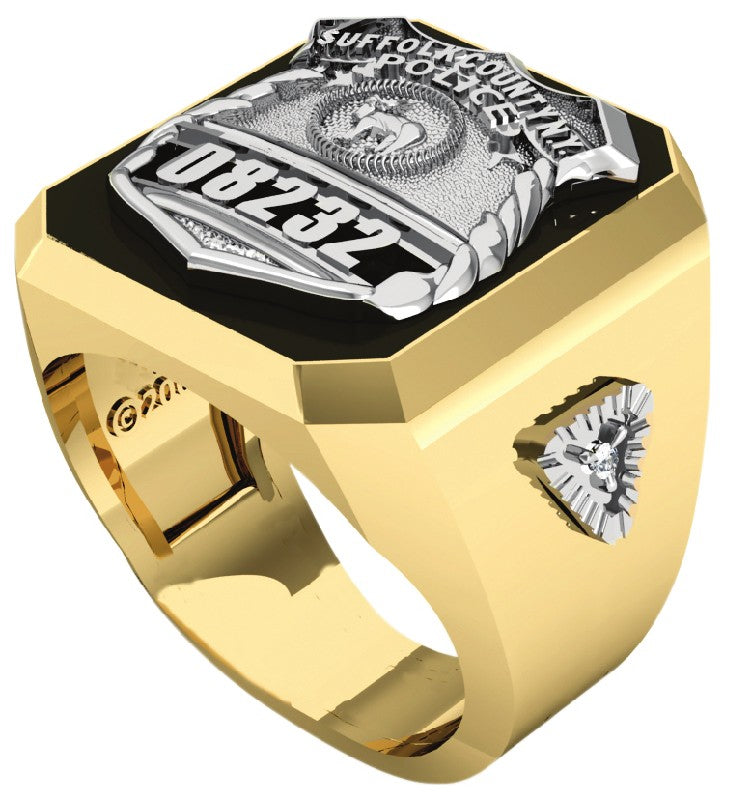 Mens Suffolk County PD PO Black ONYX Rectangle Ring Diamond Accents