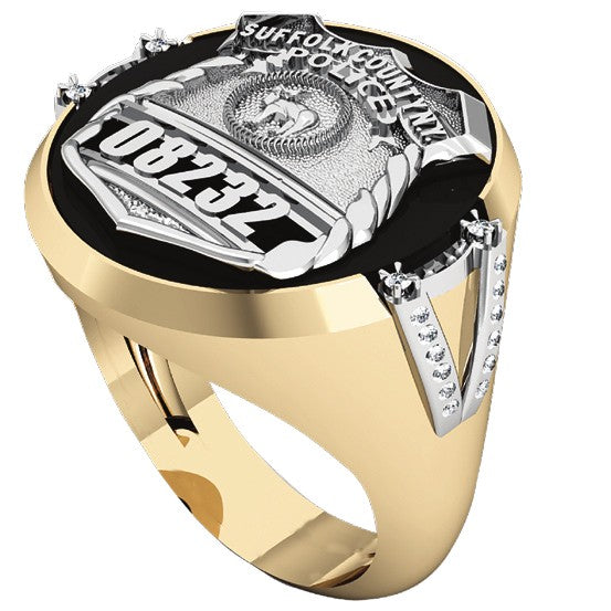 Mens Suffolk County PD PO Black ONYX Oval Ring Diamond Accents Down Side
