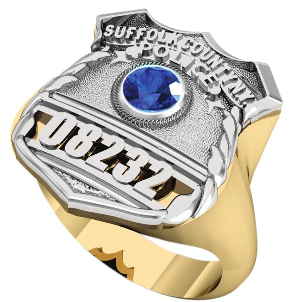 Womens Suffolk County PD PO Shield Ring Syn. Blue Sapphire Center Stone