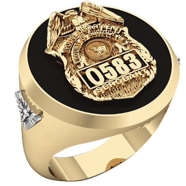 Mens Suffolk County PD Sergeant Black ONYX Oval Ring Side Diamond Accent