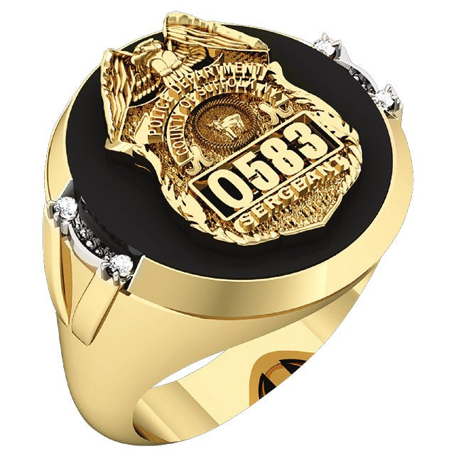 Mens Suffolk County PD Sergeant Black ONYX Oval Ring Framed Diamond Accent