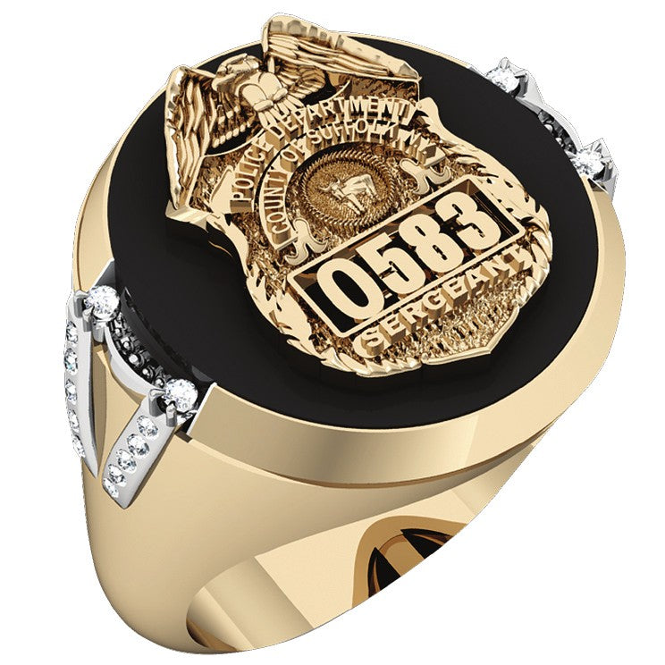 Mens Suffolk County PD Sergeant Black ONYX Oval Ring Diamond Accent Down Side