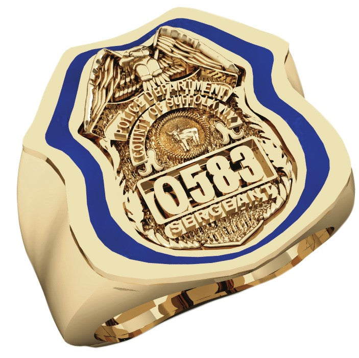 Mens Suffolk County PD Sergeant Shield Ring Thin Blue Line Royal Blue Enamel