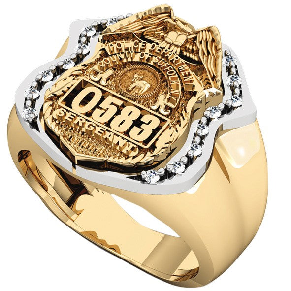 Mens Suffolk County PD Sergeant Shield Ring Framed Side Diamonds