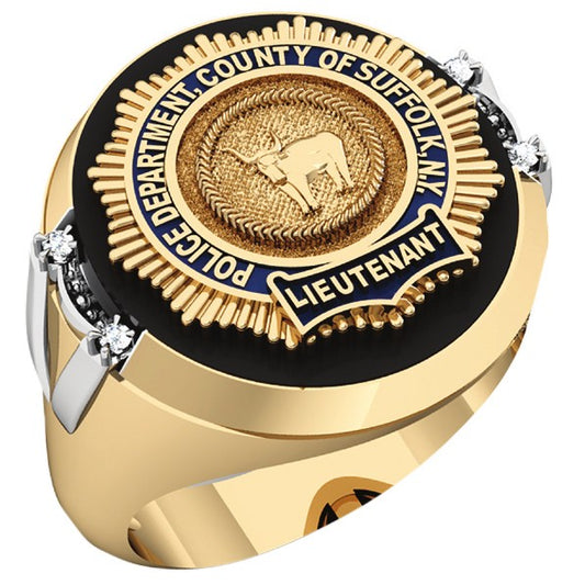 Mens Suffolk County PD Lieutenant Black ONYX Oval Ring Framed Diamond Accent