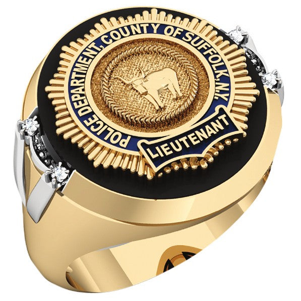 Mens Suffolk County PD Lieutenant Black ONYX Oval Ring Framed Diamond Accent