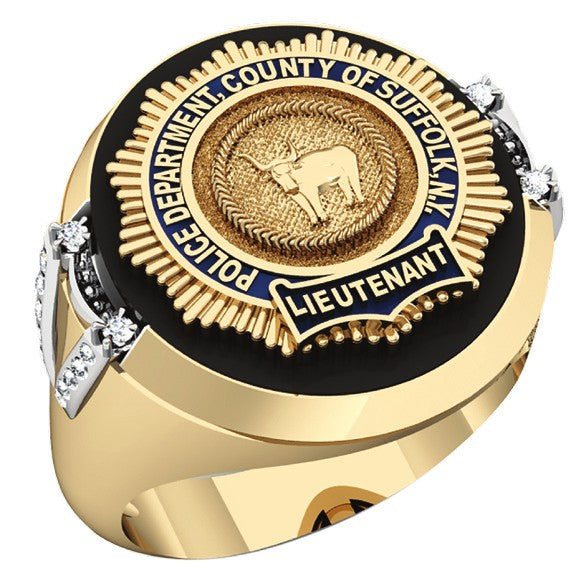 Mens Suffolk County PD Lieutenant Black ONYX Oval Ring with Side Diamond Accent