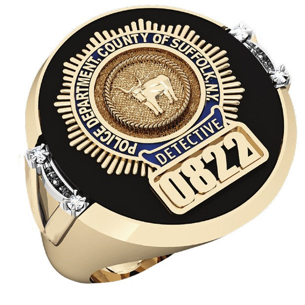 Mens Suffolk County PD Detective Black ONYX Oval Ring with Diamond Accents