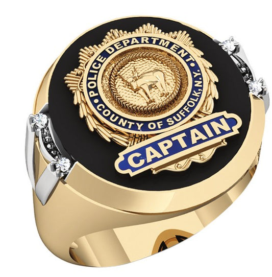 Mens Suffolk County PD Captain Shield Black ONYX Oval Ring with Framed Diamond Accents