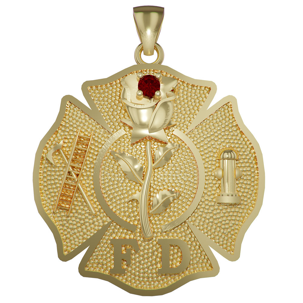 Womens Rose Maltese Cross with Ruby Accent - Quarter Size Pendant