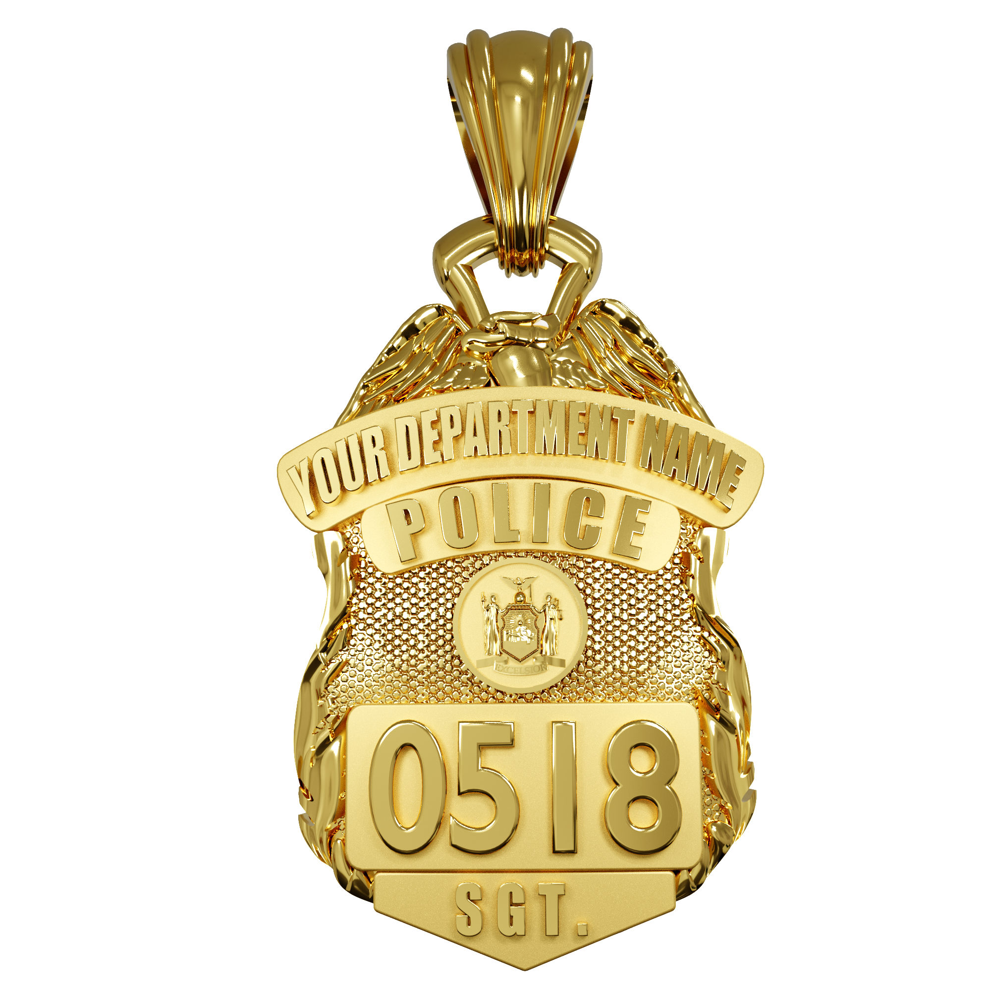 Custom Police Shield with Top Eagle Pendant - Nickel Size