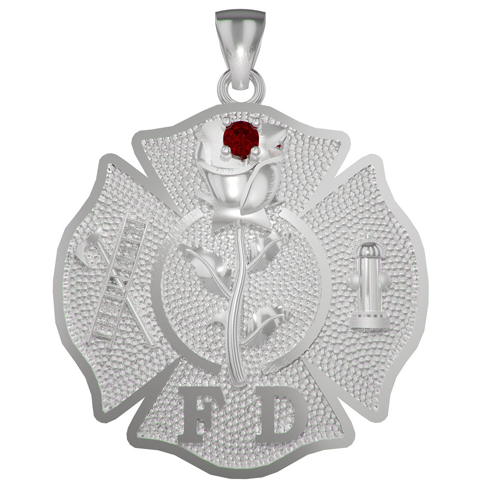 Womens Rose Maltese Cross with Ruby Accent - Nickel Size Pendant