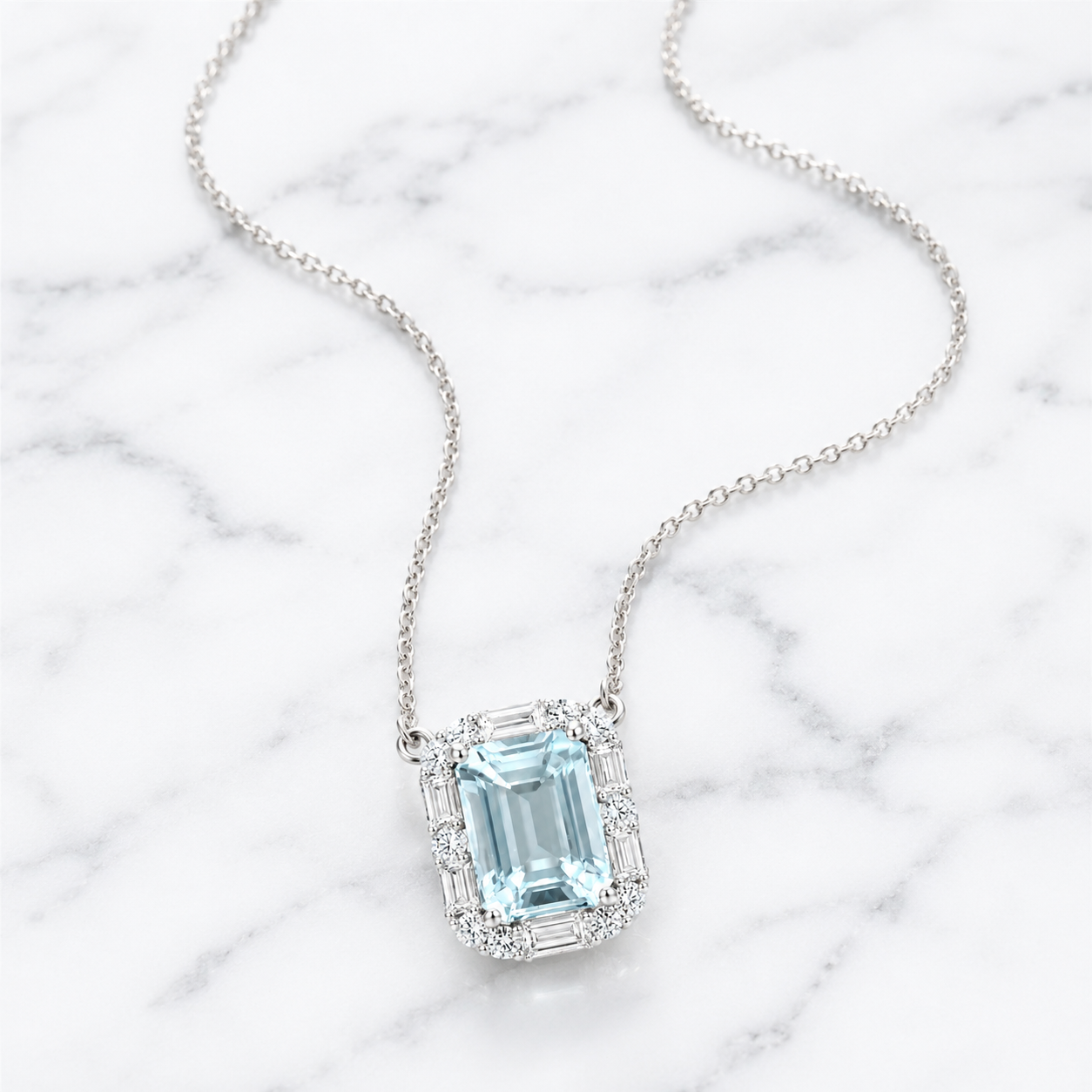 Aquamarine and Diamond Pendant Necklace in 14K White Gold