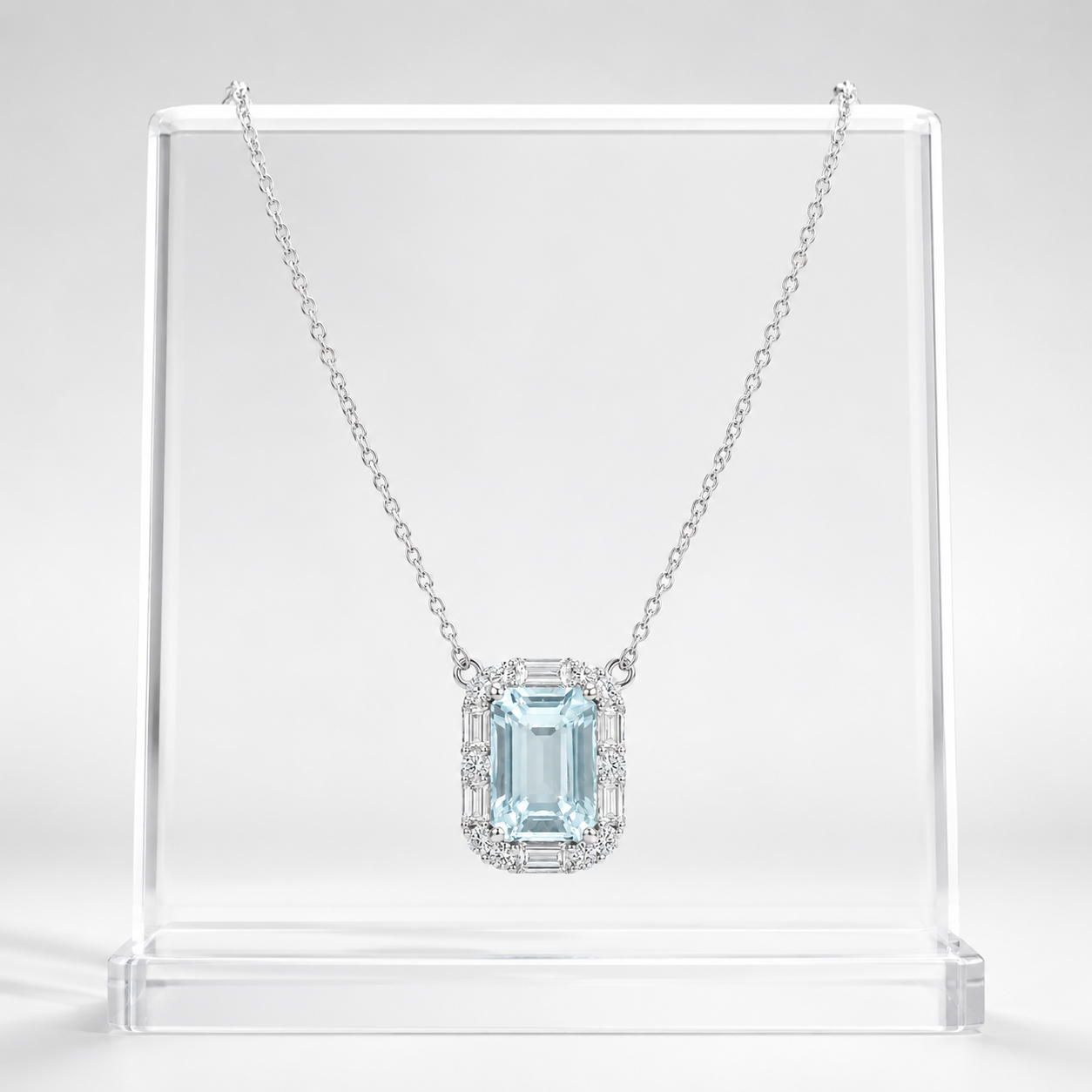 Aquamarine and Diamond Pendant Necklace in 14K White Gold