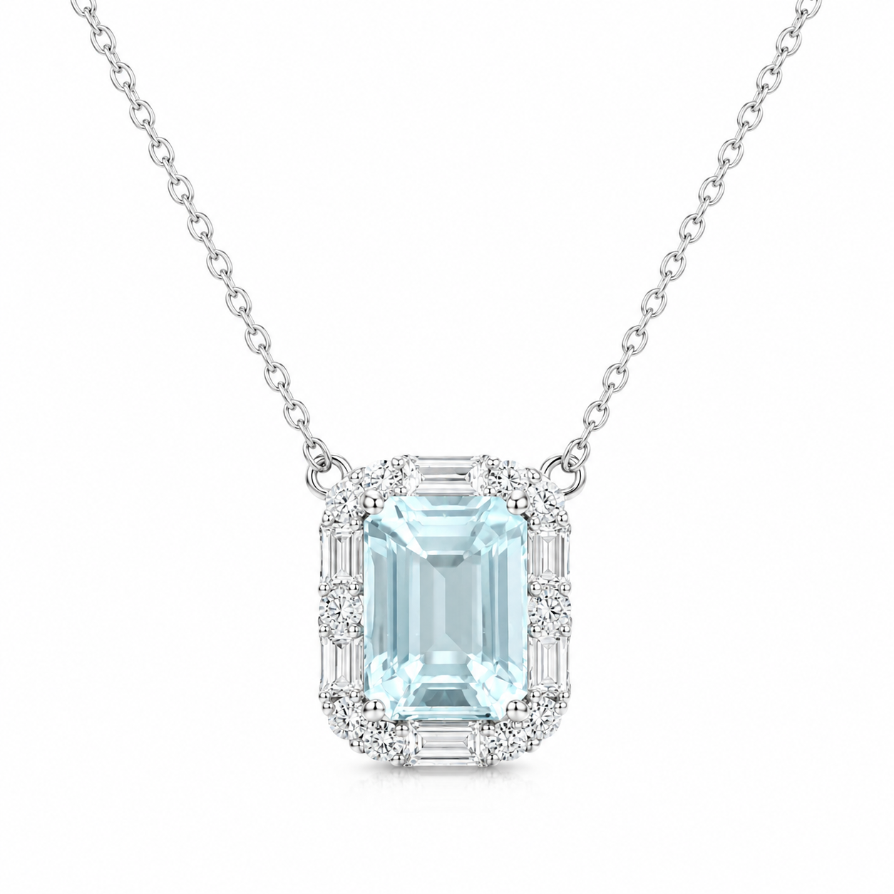 Aquamarine and Diamond Pendant Necklace in 14K White Gold