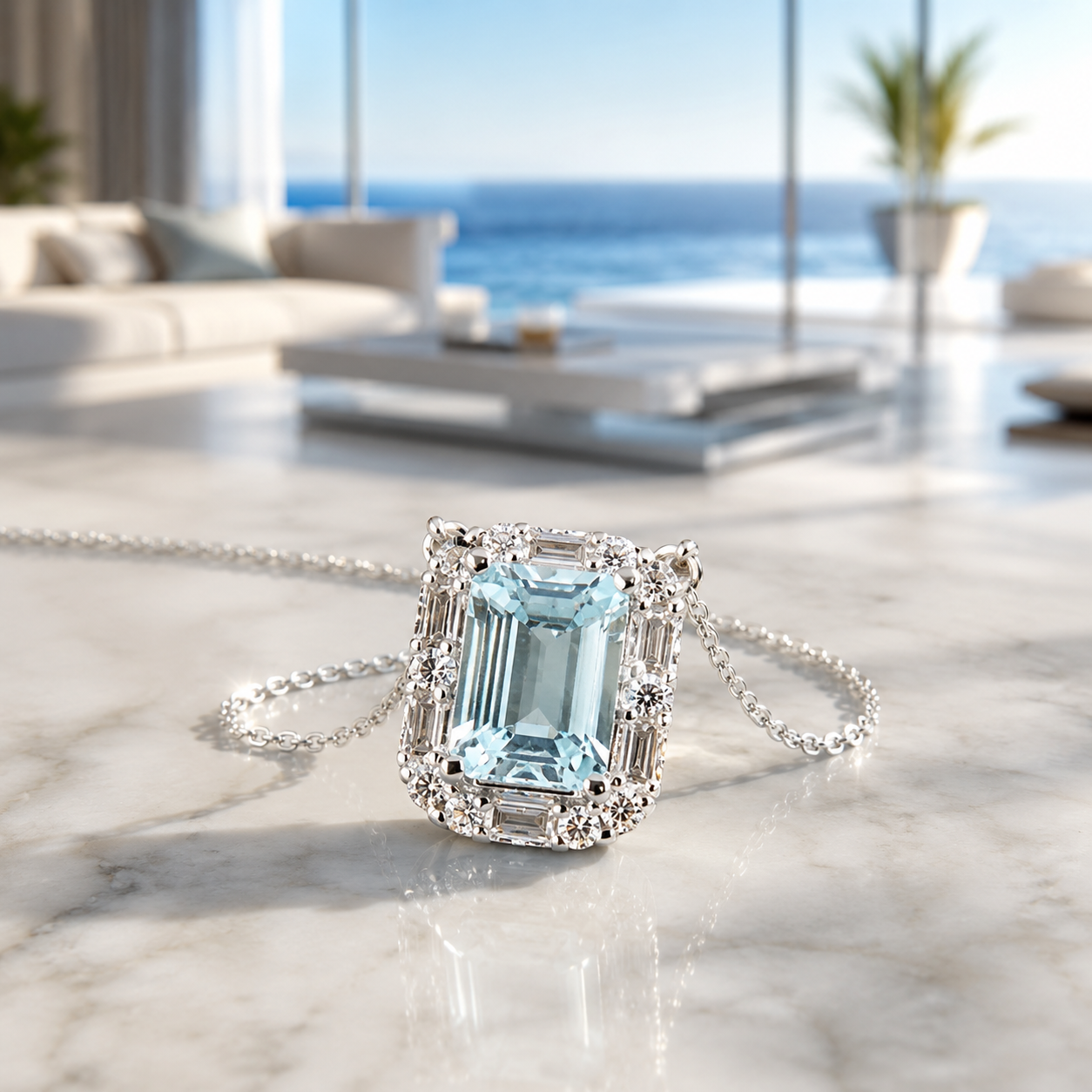 Aquamarine and Diamond Pendant Necklace in 14K White Gold