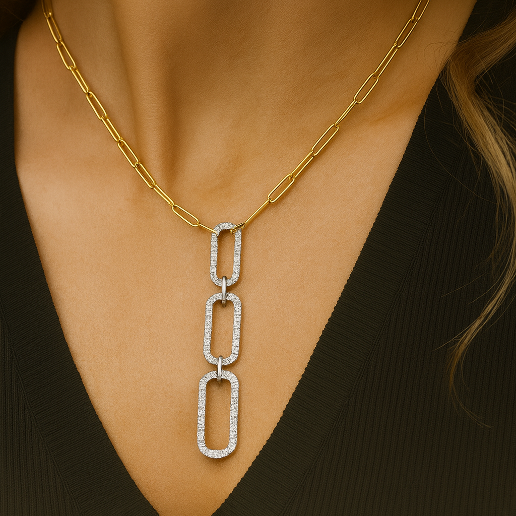 Two-Tone 14K Gold Diamond Paperclip Necklace – 0.70CTW Round Diamonds