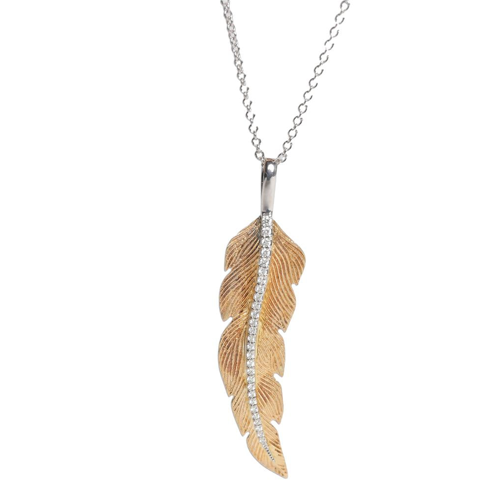 Lady's Two-Tone Feather Pendant With in  14 Karat Rose Gold 0.08ctw Round Diamonds