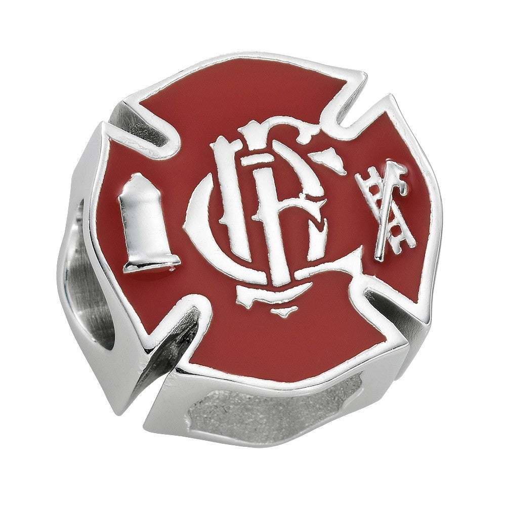 Maltese cross charm with red background and white symbols on a white background