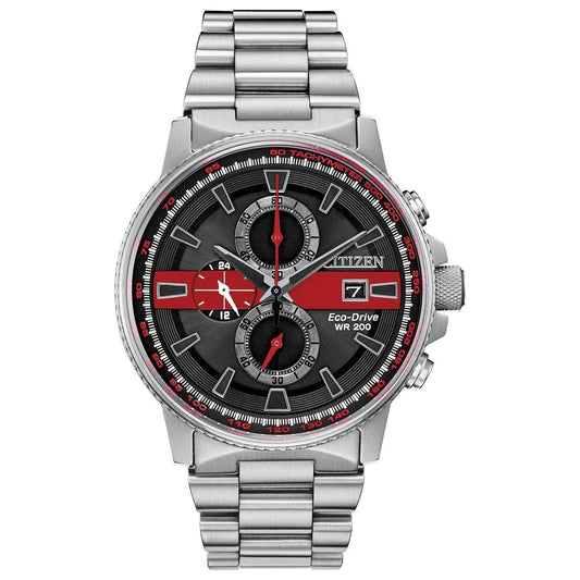 Citizen Men’s Thin Red Line™ Nighthawk Chronograph Watch – Eco-Drive 200M WR Stainless Steel CA0299-57E