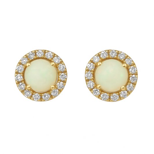 14K Yellow Gold Opal & Diamond Halo Stud Earrings