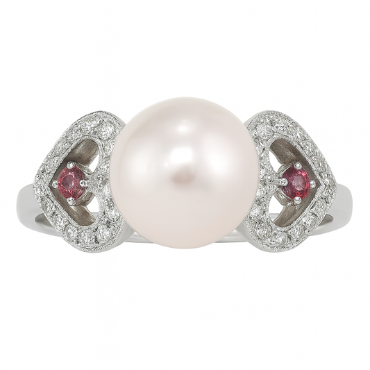18K White Gold Pearl, Diamond & Pink Tourmaline Ring