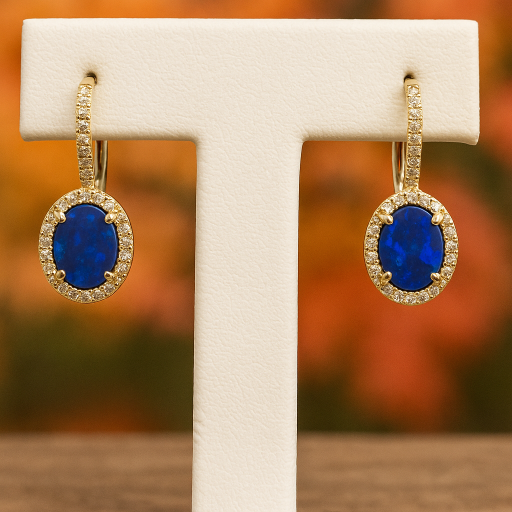14K Yellow Gold Opal & Diamond Lever Back Earrings