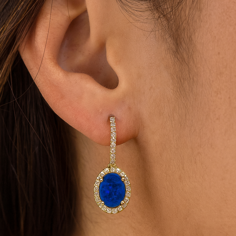 14K Yellow Gold Opal & Diamond Lever Back Earrings