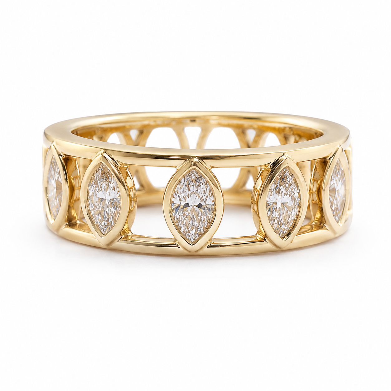 14K Yellow Gold Marquise Diamond Bezel Wedding Band