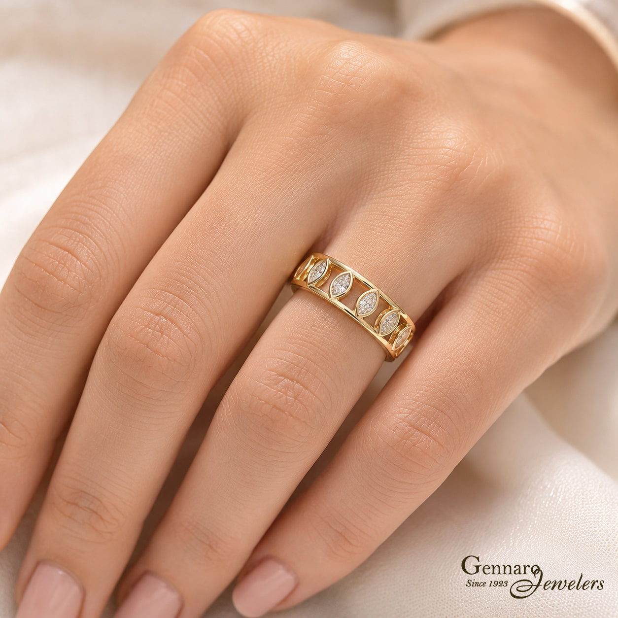 14K Yellow Gold Marquise Diamond Bezel Wedding Band