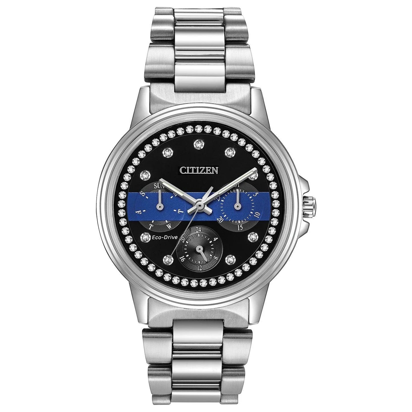 Citizen Ladies Thin Blue Line™ Silhouette Crystal Multifunction Watch – Eco-Drive Stainless Steel FD2041-54E