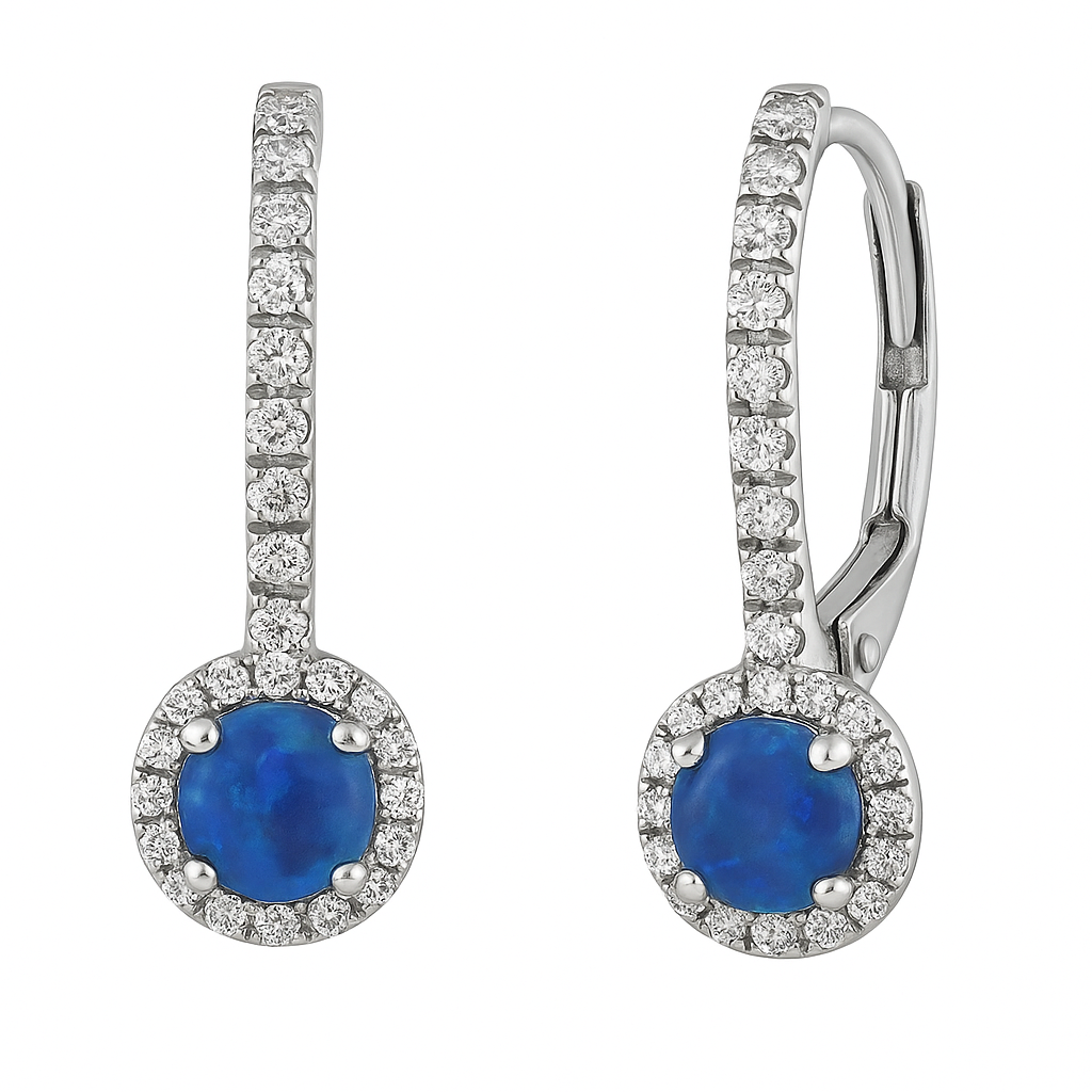 14K White Gold Opal & Diamond Lever Back Earrings