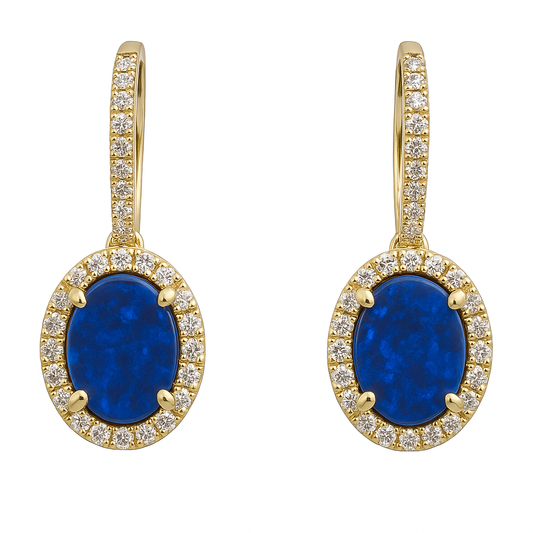 14K Yellow Gold Opal & Diamond Lever Back Earrings
