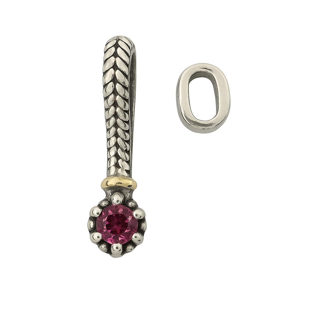 Sterling Silver & 14K Gold Pink Tourmaline Slide Charm with Spacer – Elegant Chain Pendant