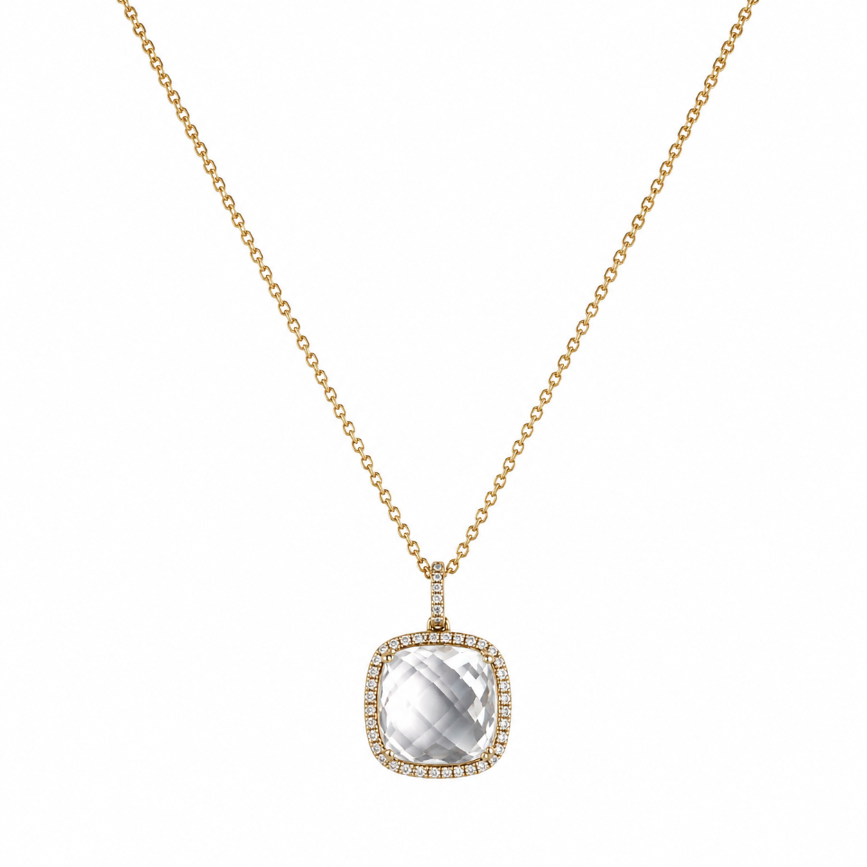 14K Yellow Gold Cushion Quartz & Diamond Halo Pendant