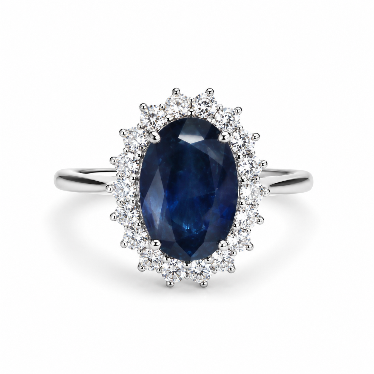 18K White Gold Oval Sapphire & Diamond Halo Ring