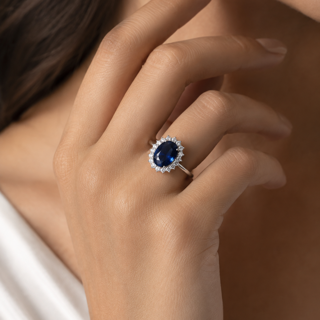 18K White Gold Oval Sapphire & Diamond Halo Ring