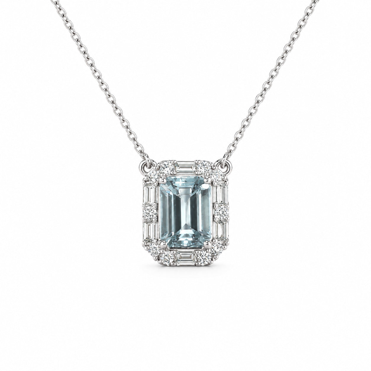 14K White Gold Aquamarine and Diamond Pendant Necklace