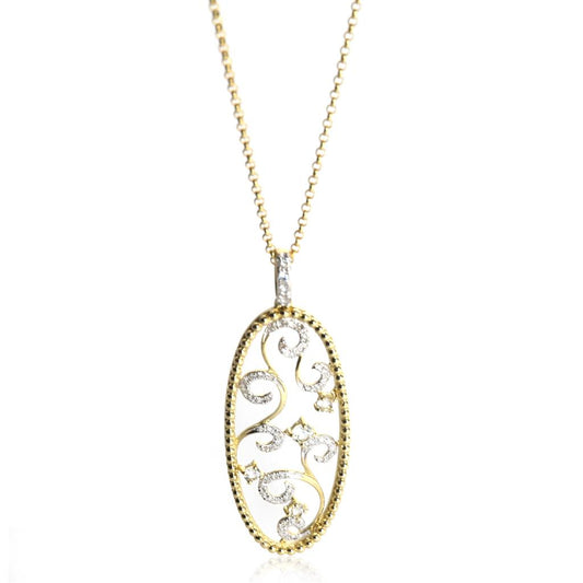 Lady's Yellow 14 Karat Beaded Oblong Open Scroll Work Pendant With Round White Topazs And 0.17tw Round  Single Cut Diamonds