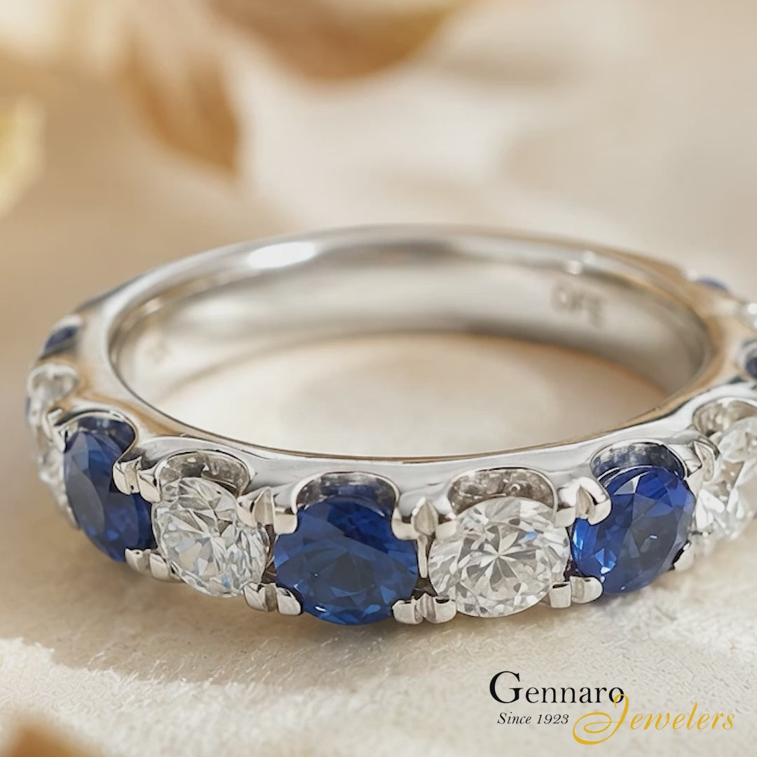 14K White Gold Sapphire & Diamond Wedding Band