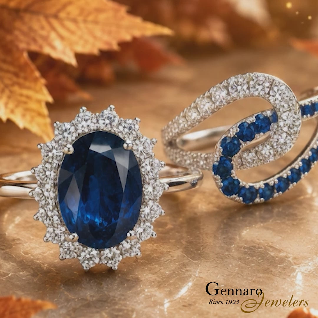 18K White Gold Oval Sapphire & Diamond Halo Ring