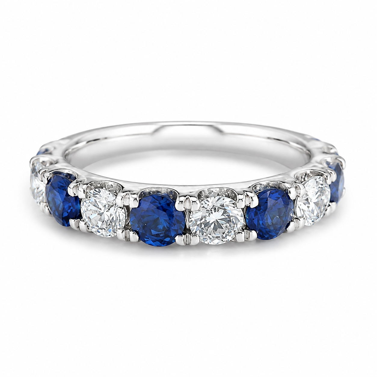 14K White Gold Sapphire & Diamond Wedding Band