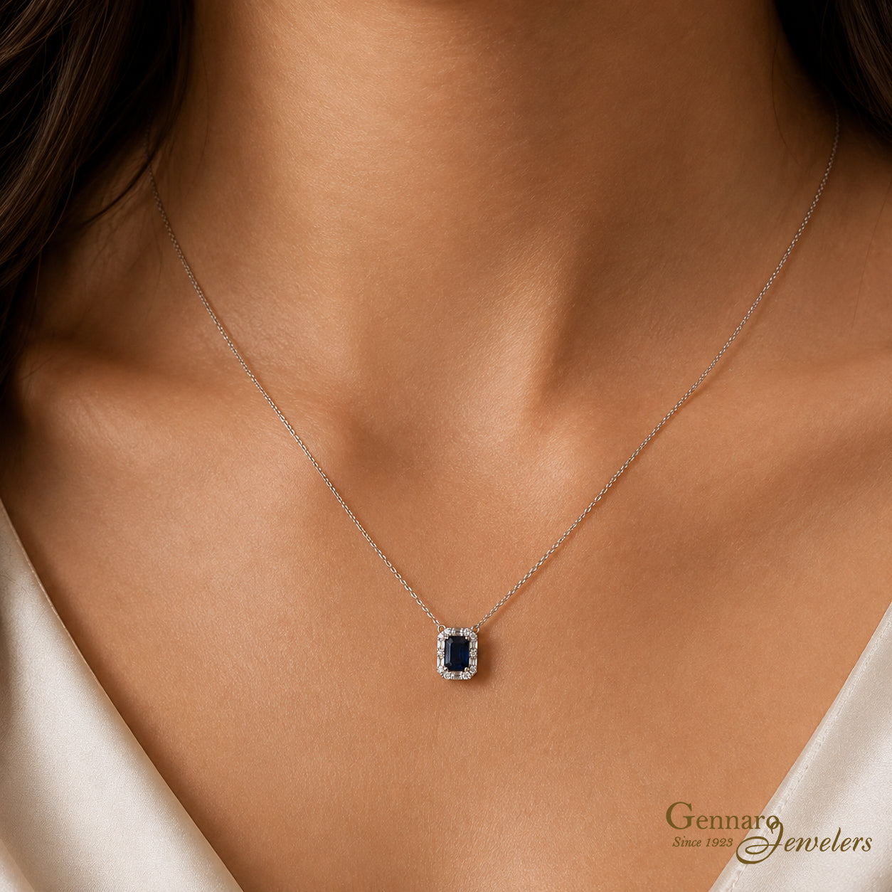 14K White Gold Sapphire & Diamond Halo Necklace