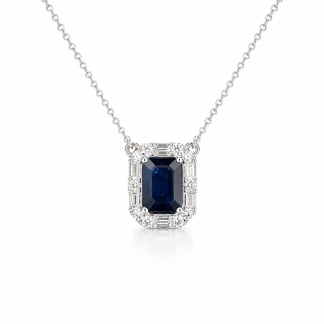14K White Gold Sapphire & Diamond Halo Necklace