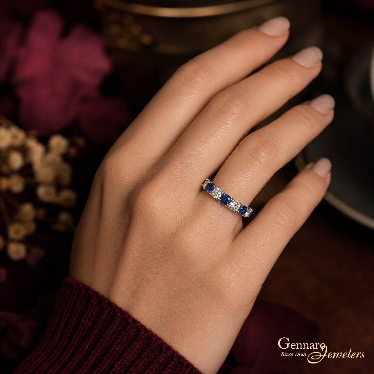 14K White Gold Sapphire & Diamond Wedding Band