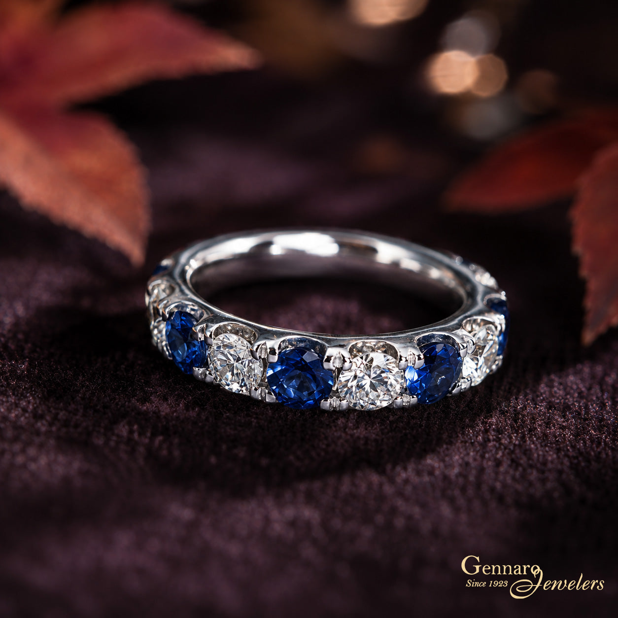 14K White Gold Sapphire & Diamond Wedding Band